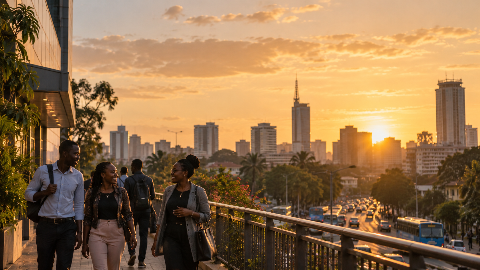 ケニアの都市で人々が夕暮れの時間を過ごす様子をイメージした生成ビジュアル